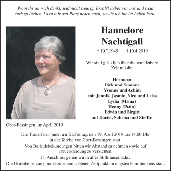 Traueranzeige von Hannelore Nachtigall von Licher Wochenblatt