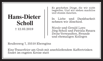 Traueranzeige von Hans-Dieter Scholl von Giessener Allgemeine, Alsfelder Allgemeine