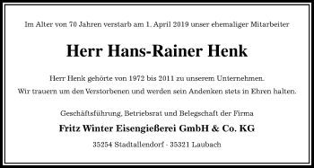 Traueranzeige von Hans-Rainer Henk von Giessener Allgemeine, Alsfelder Allgemeine