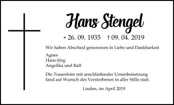 Traueranzeige von Hans Stengel von Giessener Allgemeine, Alsfelder Allgemeine