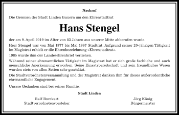 Traueranzeige von Hans Stengel von Giessener Allgemeine, Alsfelder Allgemeine