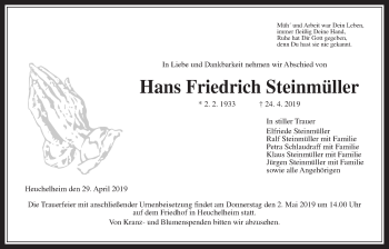 Traueranzeige von Hans Friedrich Steinmüller von Giessener Allgemeine, Alsfelder Allgemeine
