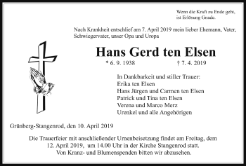 Traueranzeige von Hans Gerd ten Elsen von Giessener Allgemeine, Alsfelder Allgemeine