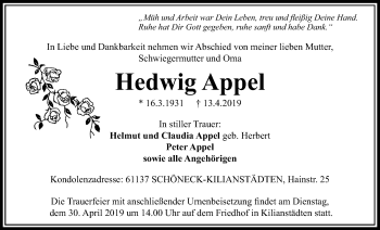 Traueranzeige von Hedwig Appel von Bad Vilbel/Karben