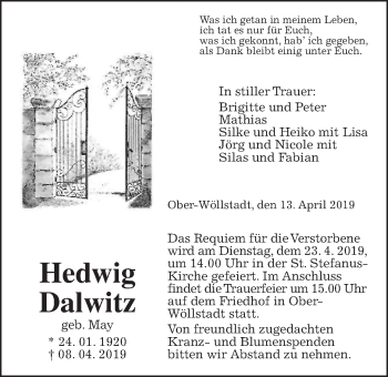 Traueranzeige von Hedwig Dalwitz von Wetterauer Zeitung