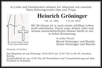 Traueranzeige von Heinrich Gröninger von Wetterauer Zeitung