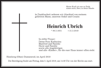 Traueranzeige von Heinrich Ubrich von Alsfelder Allgemeine