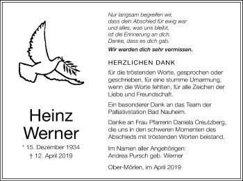 Traueranzeige von Heinz Werner von Wetterauer Zeitung
