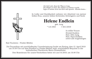 Traueranzeige von Helene Endlein von Wetterauer Zeitung