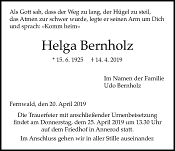 Traueranzeige von Helga Bernholz von Giessener Allgemeine, Alsfelder Allgemeine