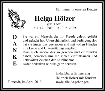 Traueranzeige von Helga Hölzer von Wetterauer Zeitung