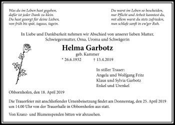Traueranzeige von Helma Garbotz von Licher Wochenblatt