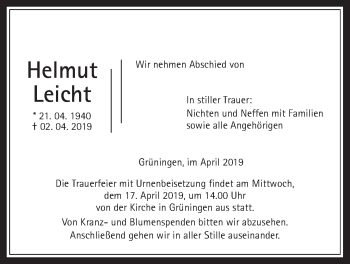Traueranzeige von Helmut Leicht von Pohlheimer Nachrichten