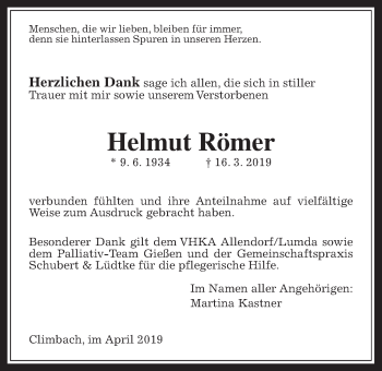 Traueranzeige von Helmut Römer von Allendorfer Mitteilungen