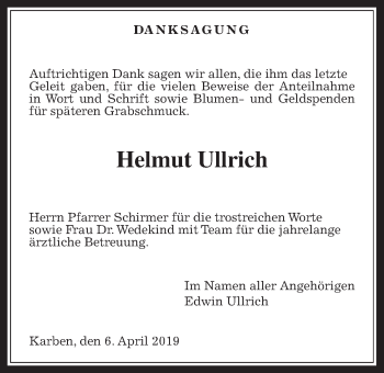 Traueranzeige von Helmut Ullrich von Wetterauer Zeitung