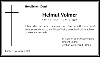 Traueranzeige von Helmut Volmer von Giessener Allgemeine, Alsfelder Allgemeine