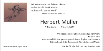 Traueranzeige von Herbert Müller von Giessener Allgemeine, Alsfelder Allgemeine