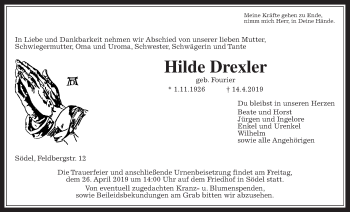Traueranzeige von Hilde Drexler von Wetterauer Zeitung
