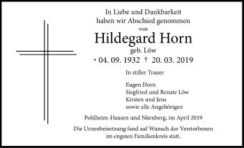 Traueranzeige von Hildegard Horn von Giessener Allgemeine, Alsfelder Allgemeine