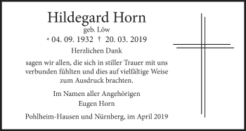 Traueranzeige von Hildegard Horn von Pohlheimer Nachrichten