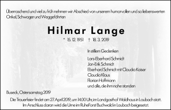 Traueranzeige von Hilmar Lange von Giessener Allgemeine, Alsfelder Allgemeine