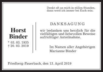Traueranzeige von Horst Binder von Wetterauer Zeitung