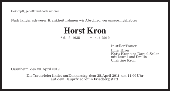 Traueranzeige von Horst Kron von Wetterauer Zeitung