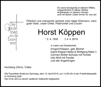 Traueranzeige von Horst Köppen von Alsfelder Allgemeine