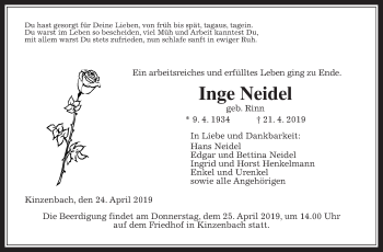 Traueranzeige von Inge Neidel von Giessener Allgemeine, Alsfelder Allgemeine