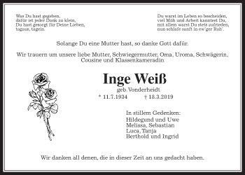 Traueranzeige von Inge Weiß von Pohlheimer Nachrichten