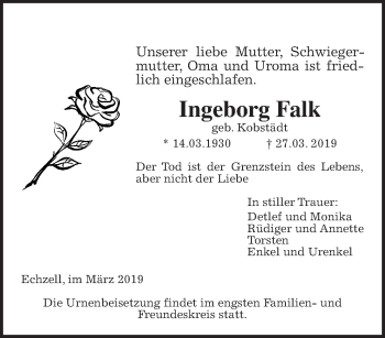 Traueranzeige von Ingeborg Falk von Wetterauer Zeitung