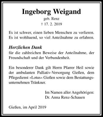 Traueranzeige von Ingeborg Weigand von Giessener Allgemeine, Alsfelder Allgemeine