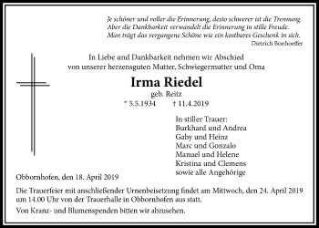 Traueranzeige von Irma Riedel von Licher Wochenblatt