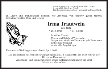 Traueranzeige von Irma Trautwein von Alsfelder Allgemeine