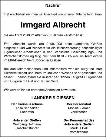 Traueranzeige von Irmgard Albrecht von Giessener Allgemeine, Alsfelder Allgemeine