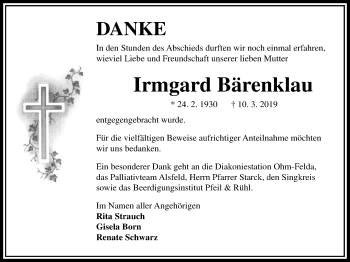 Traueranzeige von Irmgard Bärenklau von Alsfelder Allgemeine