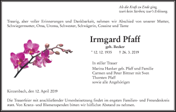 Traueranzeige von Irmgard Pfaff von Giessener Allgemeine, Alsfelder Allgemeine