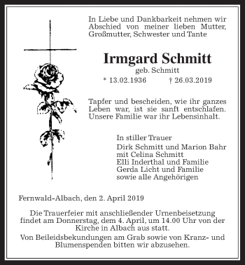 Traueranzeige von Irmgard Schmitt von Giessener Allgemeine, Alsfelder Allgemeine