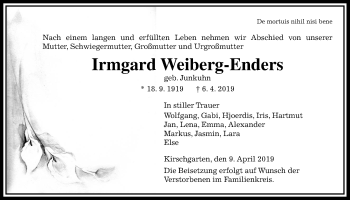 Traueranzeige von Irmgard Weiberg-Enders von Alsfelder Allgemeine