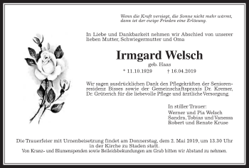 Traueranzeige von Irmgard Welsch von Wetterauer Zeitung