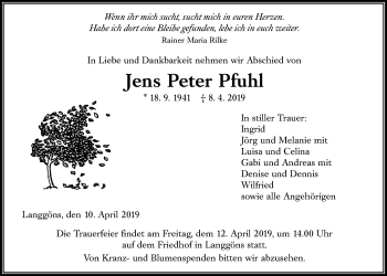 Traueranzeige von Jens Peter Pfuhl von Giessener Allgemeine, Alsfelder Allgemeine