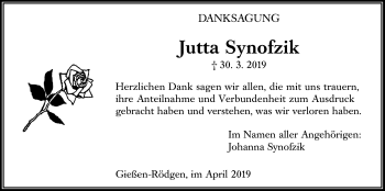 Traueranzeige von Jutta Synofzik von Giessener Allgemeine, Alsfelder Allgemeine