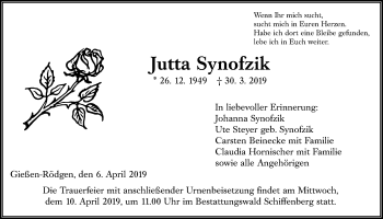Traueranzeige von Jutta Synofzik von Giessener Allgemeine, Alsfelder Allgemeine