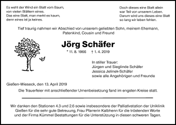 Traueranzeige von Jörg Schäfer von Giessener Allgemeine, Alsfelder Allgemeine