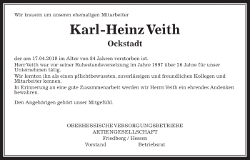 Traueranzeige von Karl-Heinz Veith von Wetterauer Zeitung