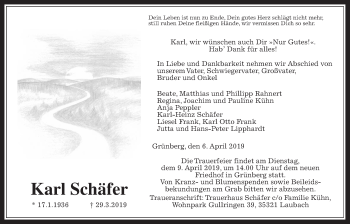 Traueranzeige von Karl Schäfer von Heimatzeitung Grünberg + Laubach