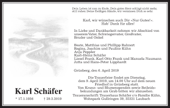 Traueranzeige von Karl Schäfer von Giessener Allgemeine, Alsfelder Allgemeine