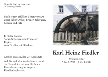 Traueranzeige von Karl Heinz Fiedler von Giessener Allgemeine, Alsfelder Allgemeine