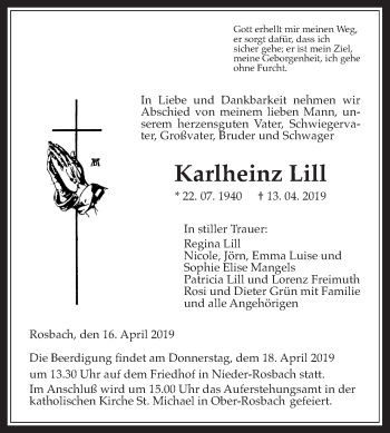 Traueranzeige von Karlheinz Lill von Wetterauer Zeitung