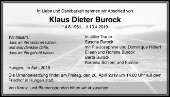 Traueranzeige von Klaus Dieter Burock von Licher Wochenblatt